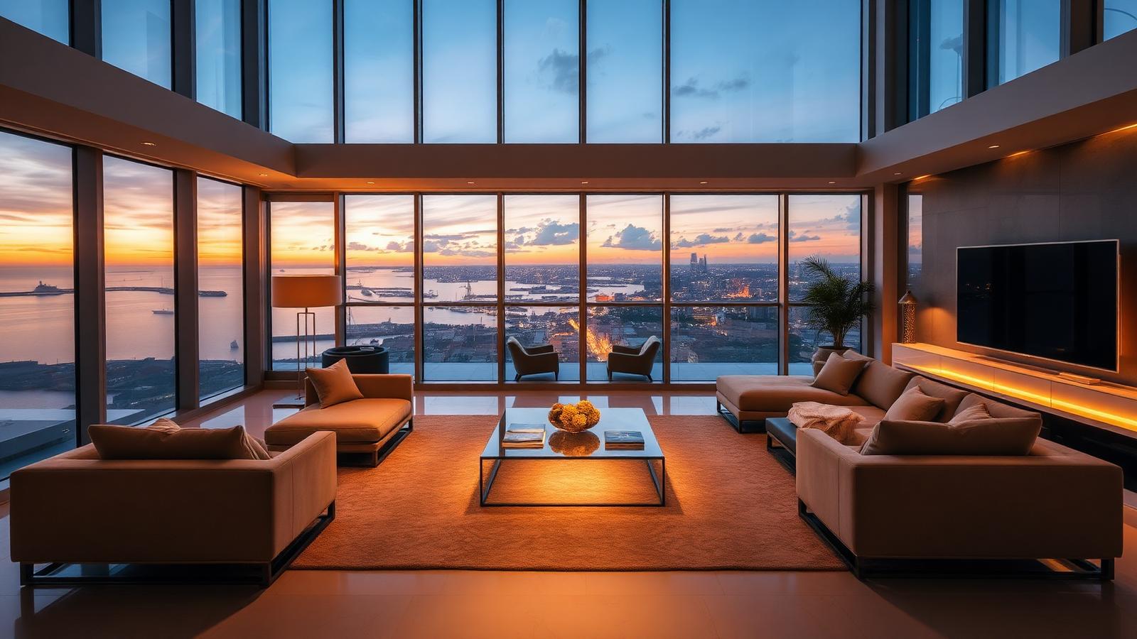 Sala de cobertura de alto padrão com vista para o mar ao entardecer