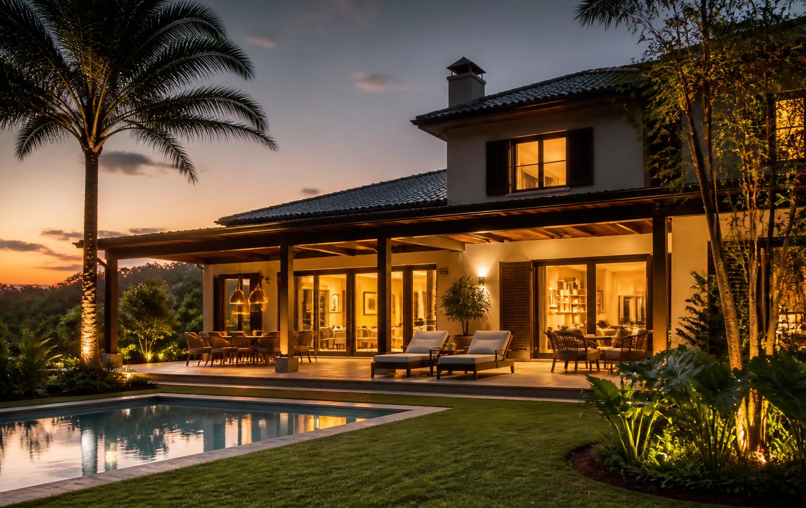 Casa de alto padrão iluminada ao entardecer com piscina e jardim