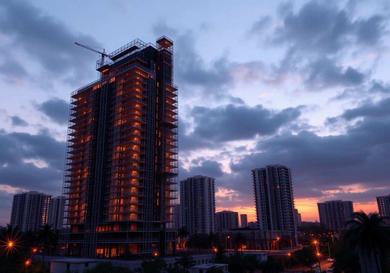 Fachada de residencial premium ao entardecer